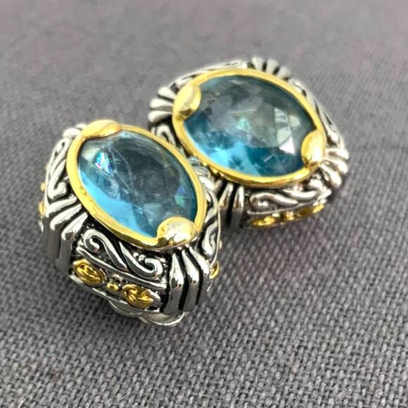 Vintage Blue Stone Silver Gold Tone Clip On Chunky Earrings - Picture 4 of 7